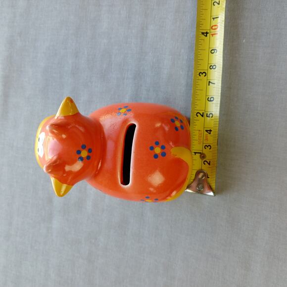 Adorable Mini Cow Piggy Bank ceramic orange yellow blue flowers 4"L x 2"W x 3"H - Picture 9 of 12